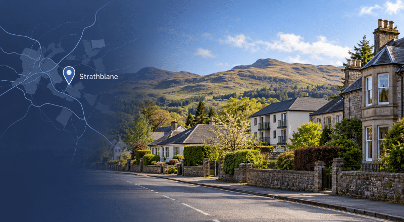 Mortgage Broker in Strathblane, Stirlingshire, with local homes, the Campsie Fells and a Strathblane map location marker.