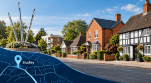 Mortgage Broker in Studley location map with Studley pin and a Warwickshire residential street featuring varied homes