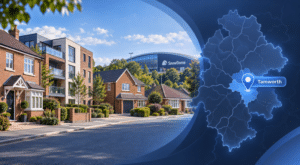 Mortgage Broker in Tamworth hero image featuring a Staffordshire street with varied homes, the Tamworth SnowDome, and a highlighted Tamworth location pin on a local map.