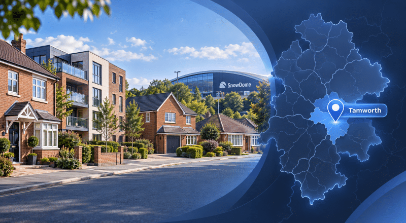 Mortgage Broker in Tamworth hero image featuring a Staffordshire street with varied homes, the Tamworth SnowDome, and a highlighted Tamworth location pin on a local map.