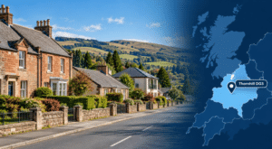 Mortgage Broker in Thornhill DG3 hero image showing a traditional Dumfriesshire residential street, varied local homes, rolling countryside and a branded location map marking Thornhill DG3.