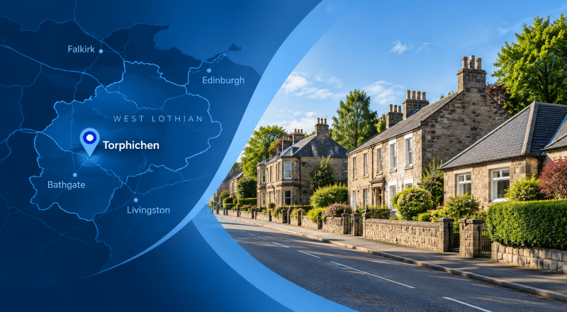 Mortgage Broker in Torphichen hero image showing a West Lothian location map with a Torphichen pin alongside a quiet village street with traditional stone homes and landscaped residential properties.