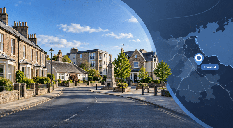 : Mortgage Broker in Port Seton hero image showing a coastal street with a mix of houses and flats beside Port Seton Harbour, with a location pin and map of Port Seton in East Lothian.