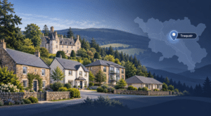 Mortgage Broker in Traquair hero image showing a Traquair location map icon, local homes, and a notable historic landmark in Peeblesshire.