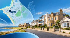 Mortgage Broker in Troon hero image showing a stylised map of Troon, a location pin, coastal homes, and a recognisable Ayrshire landmark in an on-brand blue design. Is this conversation helpful so far?