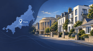 Mortgage Broker in Truro hero image featuring a map of Cornwall with a location pin for Truro, alongside a Truro street scene with varied properties and a well-known local landmark.