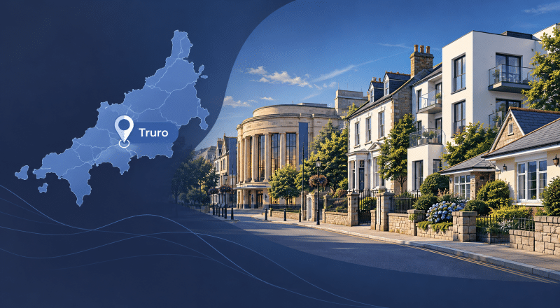 Mortgage Broker in Truro hero image featuring a map of Cornwall with a location pin for Truro, alongside a Truro street scene with varied properties and a well-known local landmark.
