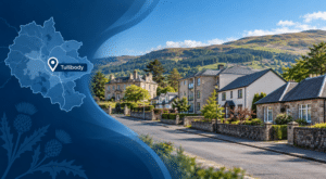 Hero image for Mortgage Broker in Tullibody showing a stylised map of Clackmannanshire with a Tullibody location pin beside a residential Tullibody street featuring varied property types and the Ochil Hills in the background.