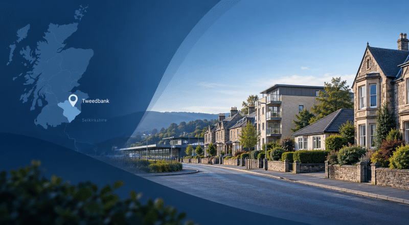 Mortgage Broker in Tweedbank hero image featuring a Tweedbank location map, residential properties and Tweedbank railway station in Selkirkshire.