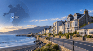Mortgage Broker in Tywyn with coastal homes, seafront scenery and a Tywyn location map marker in Gwynedd.