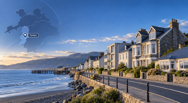 Mortgage Broker in Tywyn with coastal homes, seafront scenery and a Tywyn location map marker in Gwynedd.