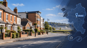 Mortgage Broker in Uttoxeter hero image featuring varied local housing, Uttoxeter Racecourse, and a Staffordshire map with an Uttoxeter location pin.
