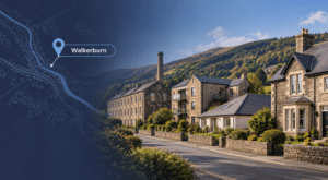 Mortgage Broker in Walkerburn, Peeblesshire, with a location map and traditional stone homes representing the local housing market.