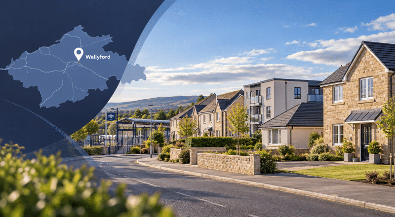 Mortgage Broker in Wallyford hero image showing a modern residential street in Wallyford, East Lothian, with a mix of homes, Wallyford station in the background, and a map marker highlighting the location.