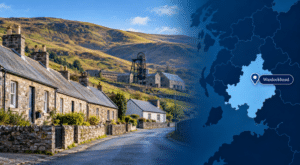 Mortgage Broker in Wanlockhead hero image showing traditional stone cottages, the village’s lead-mining heritage and surrounding Dumfriesshire hills, with a branded Wanlockhead location map and pin.