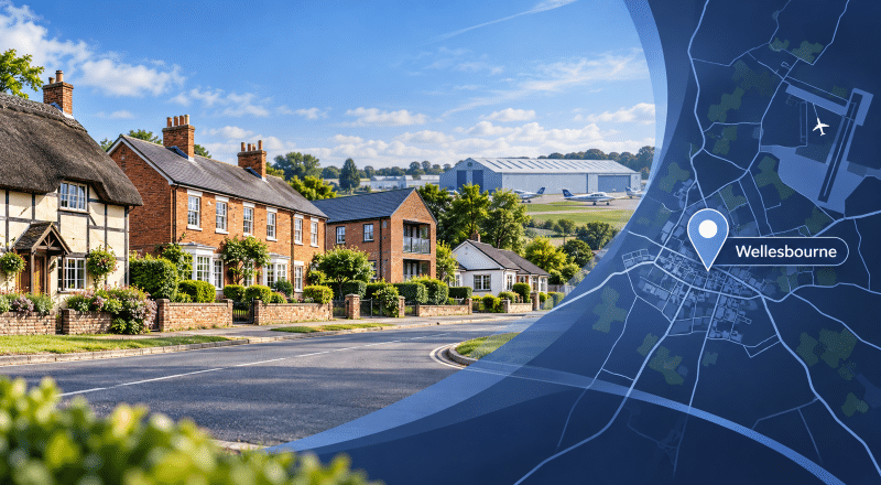 Mortgage Broker in Wellesbourne hero image showing a Wellesbourne street scene with mixed property types, Wellesbourne airfield in the distance, and a blue location map pin labelled Wellesbou