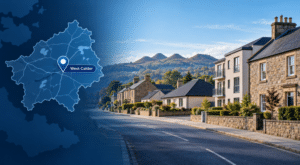 Mortgage Broker in West Calder hero image featuring a West Calder location map and pin, local homes and residential property types, with the Five Sisters landscape in the background.