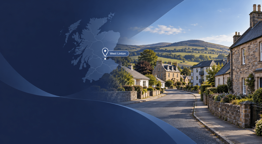 : Mortgage Broker in West Linton hero image showing a village street, varied homes, rolling countryside and a location map marker for West Linton in Peeblesshire.