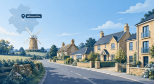Mortgage Broker in Whissendine – Rutland village street with Whissendine Windmill, local homes and location map marker.