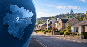 Mortgage Broker in Whitburn hero image featuring a West Lothian map with a Whitburn location pin, a mix of local residential property types, and a subtle reference to the area’s mining heritage.
