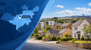 Mortgage Broker in Winchburgh hero image featuring a West Lothian location map and pin alongside modern Winchburgh homes, including detached houses, a bungalow and contemporary residential properties.
