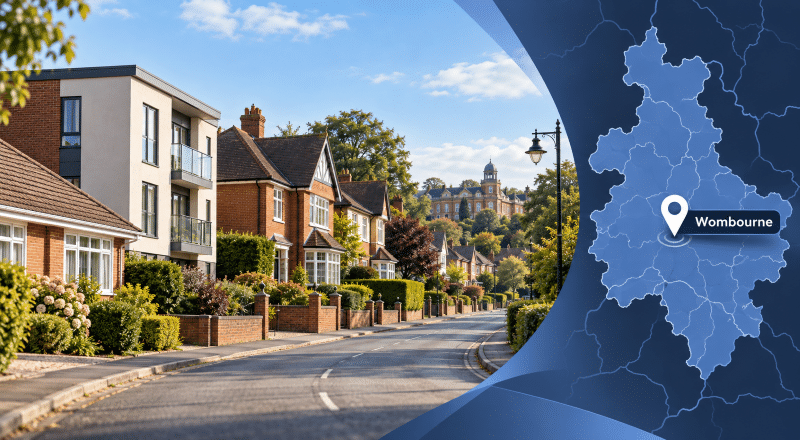 Mortgage Broker in Wombourne hero image showing a Staffordshire residential street with varied homes and a branded location map highlighting Wombourne.