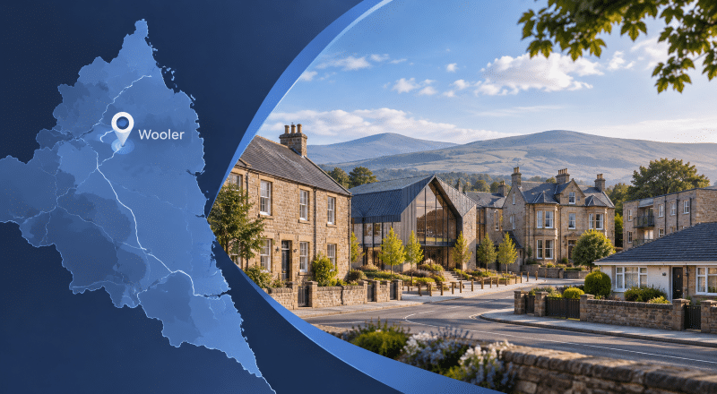 Alt text: Mortgage Broker in Wooler with Northumberland map, location pin, stone homes and Cheviot Hills backdrop.