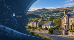 Mortgage Broker in Yarrow Valley hero image showing Scottish Borders countryside homes, a local map and Yarrow Valley location marker.