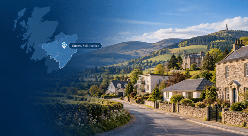 Mortgage Broker in Yarrow, Selkirkshire, with location map, rural Scottish Borders homes and countryside.
