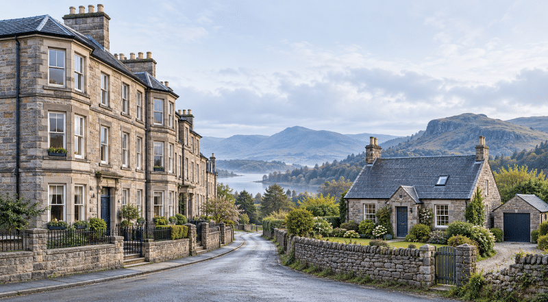 Stirling-style sandstone flats and a rural cottage, illustrating support from Mortgage Brokers in Stirlingshire for city and countryside homes.