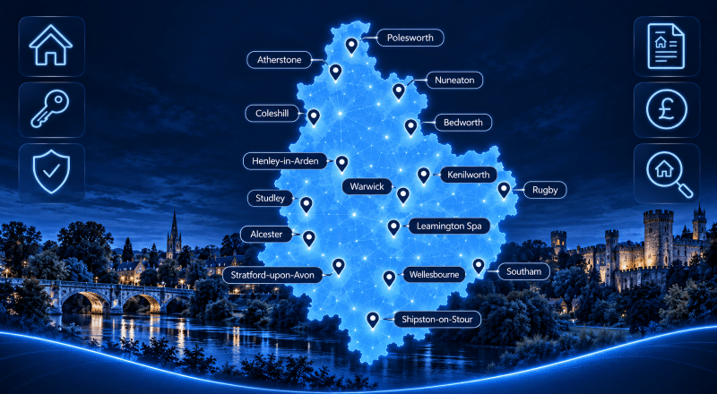 Mortgage Brokers in Warwickshire map showing key locations across the county