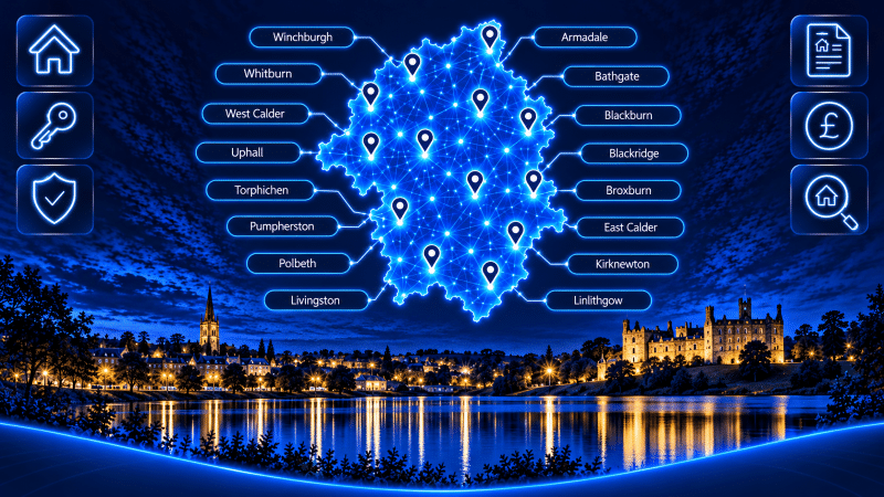 Mortgage Brokers in West Lothian map showing 16 key locations across the region.