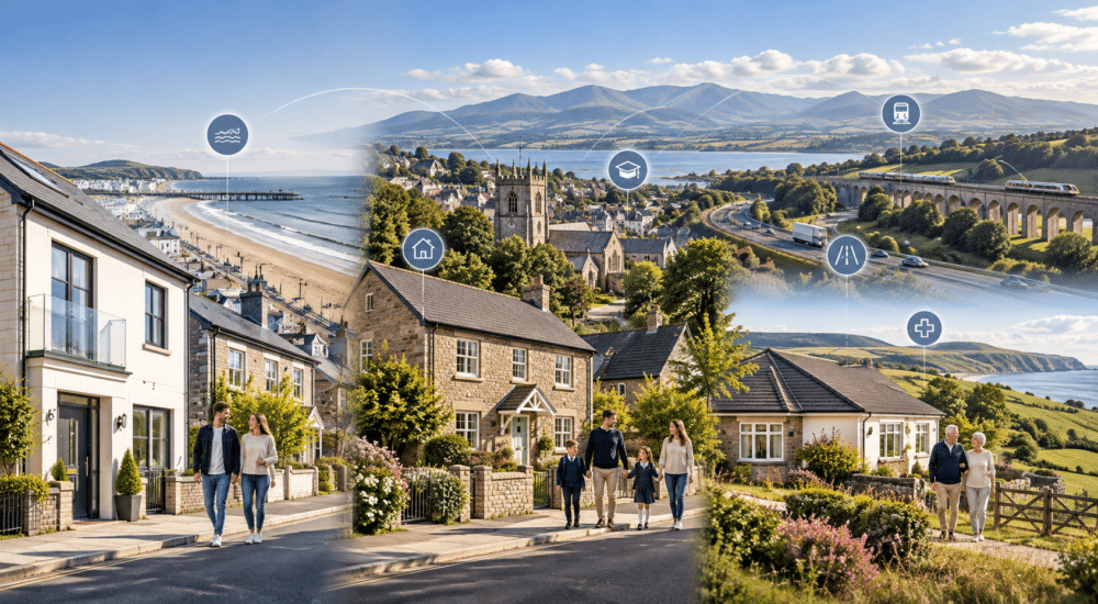 Why Move to Denbighshire image showing homes and lifestyles for first-time buyers, families and later-life living across coast, countryside and connected towns.