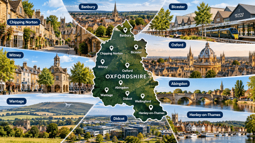 Why Move to Oxfordshire guide showing Oxford, Banbury, Bicester, Witney, Abingdon, Didcot and Henley-on-Thames.