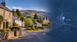 Mortgage Broker in Skirling hero image showing a Skirling village street with traditional stone homes, surrounding hills, and a map overlay with a location pin marked Skirling.